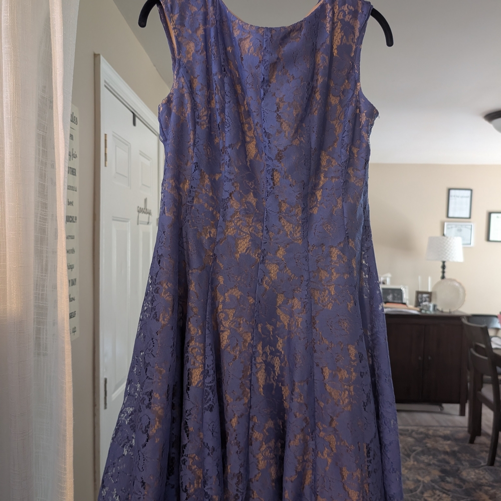 Danny & Nicole Periwinkle Blue And Tan A-Line Midi Dress Size 10 Fit And Flare